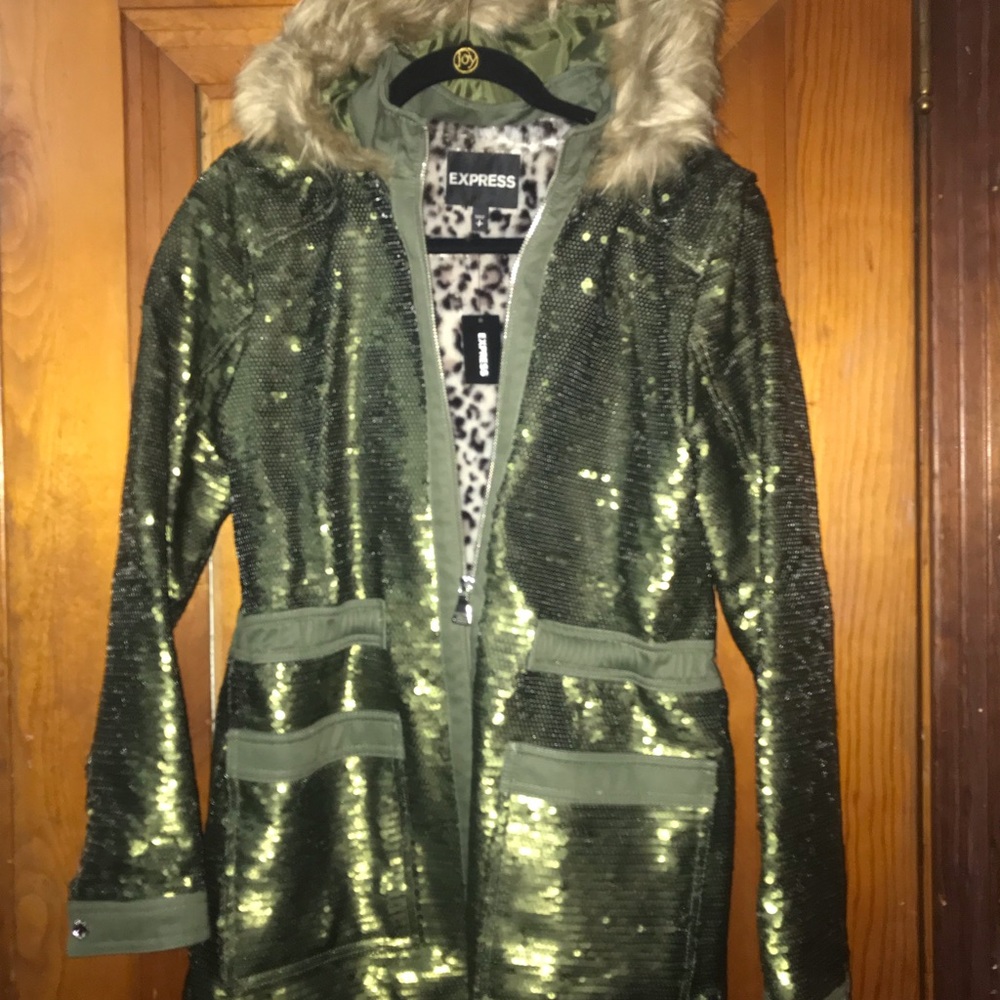 EXPRESS OLIVE GREEN SEQUIN COAT